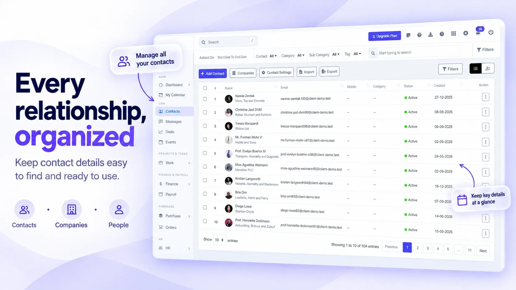 BusinessHRM contact list with names, companies, emails, status and created dates