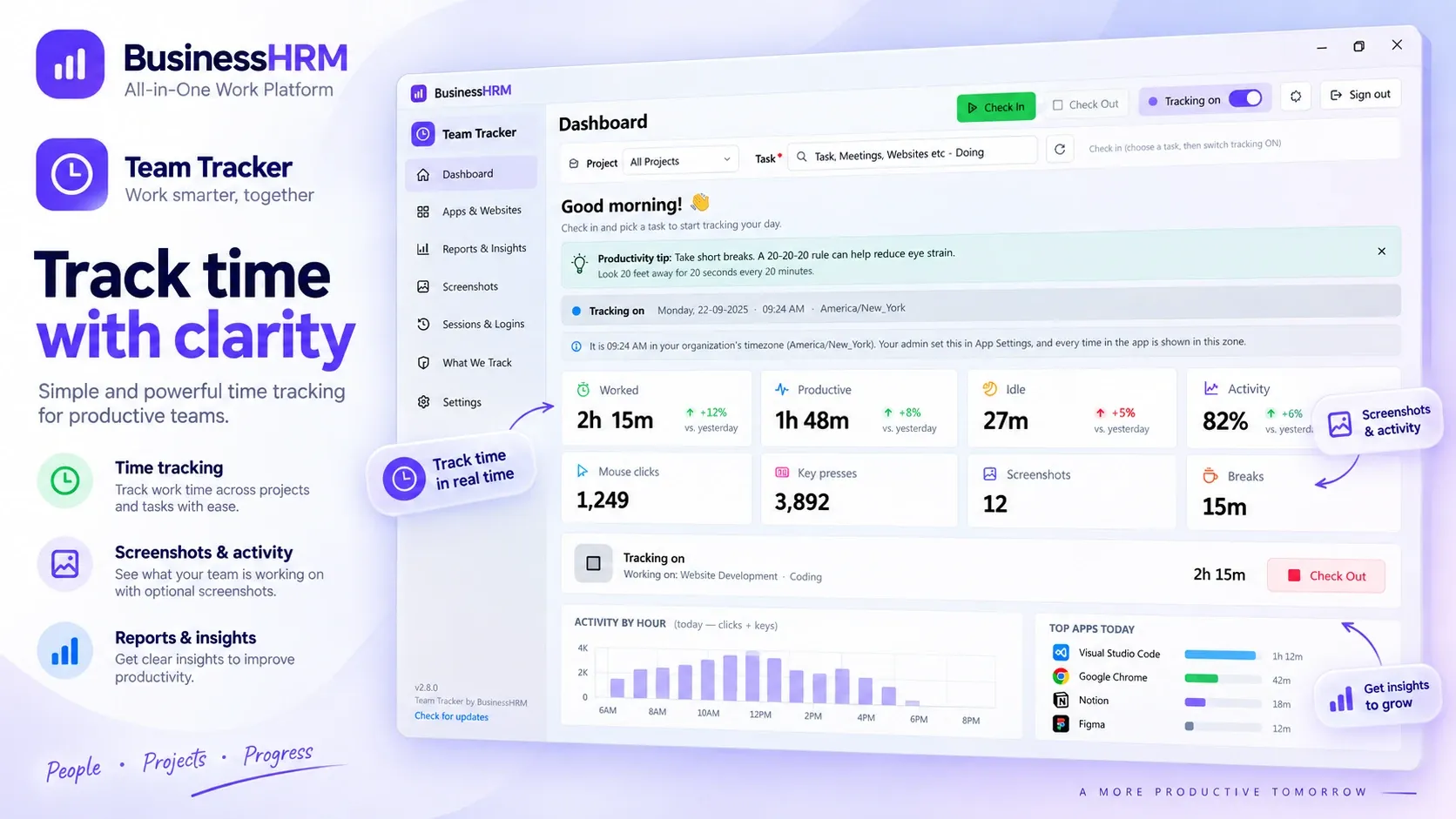 Team Tracker desktop app dashboard showing time worked, productive time, idle time, activity level, clicks, key presses and top apps for the day