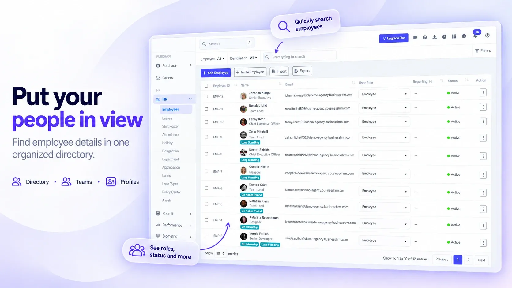 BusinessHRM employee directory with IDs, names, roles, reporting lines and status