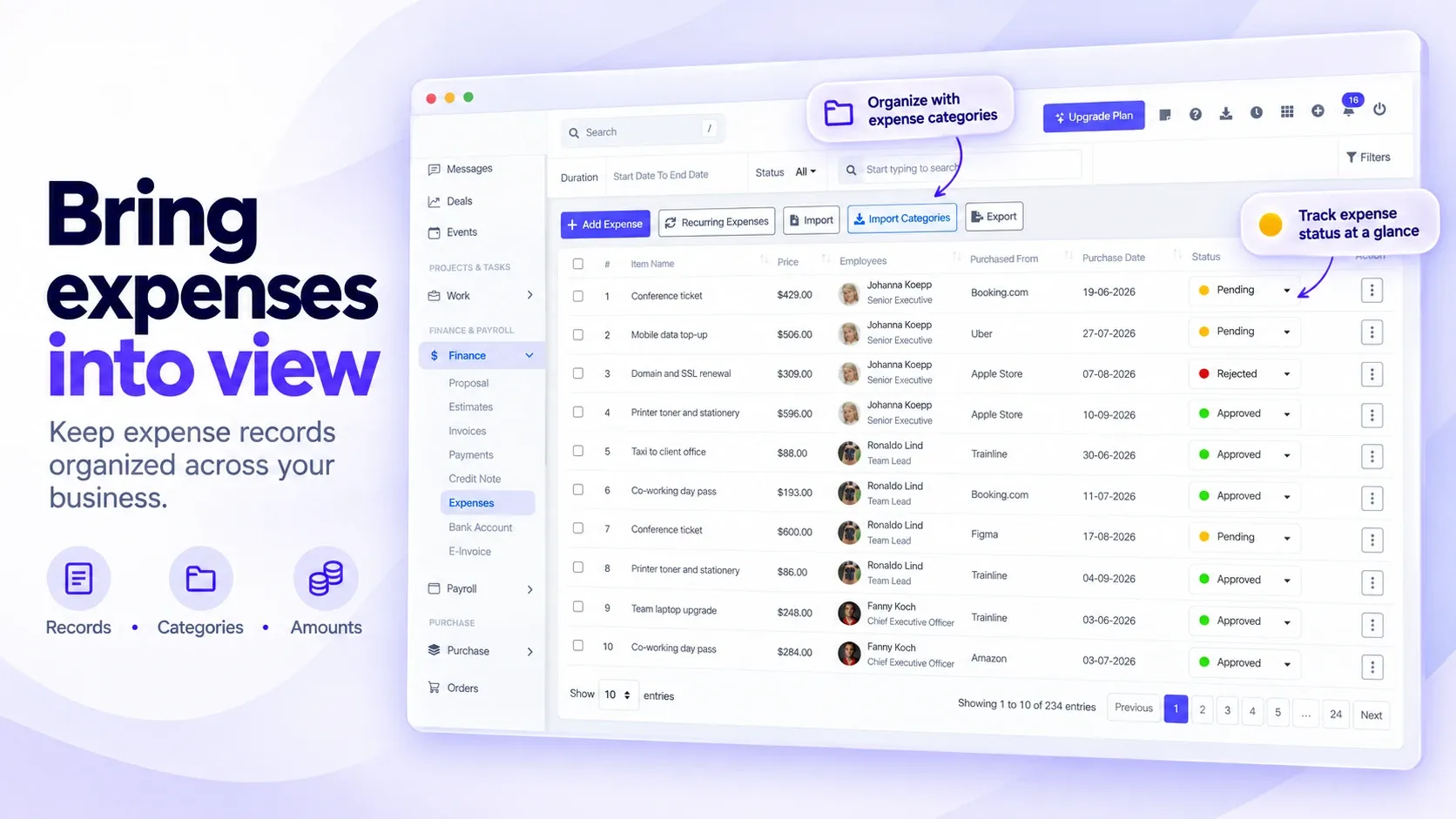 BusinessHRM expense list with item, price, employee, supplier, date and approval status