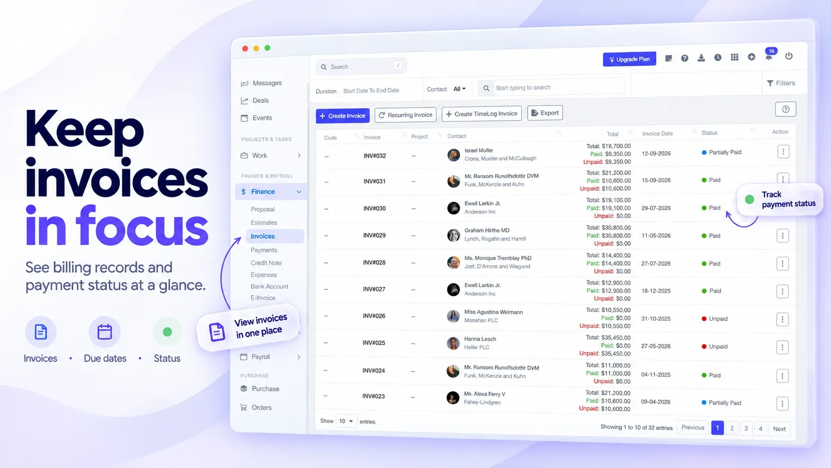 BusinessHRM invoice list with totals, paid and unpaid amounts, dates and payment status