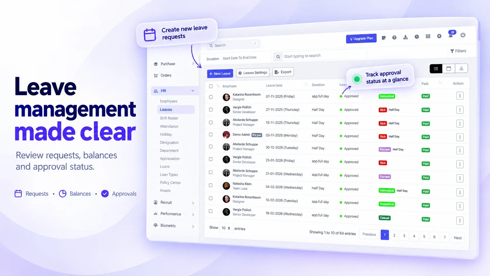 BusinessHRM leave list showing each request with its date, duration, approval status and paid or unpaid type