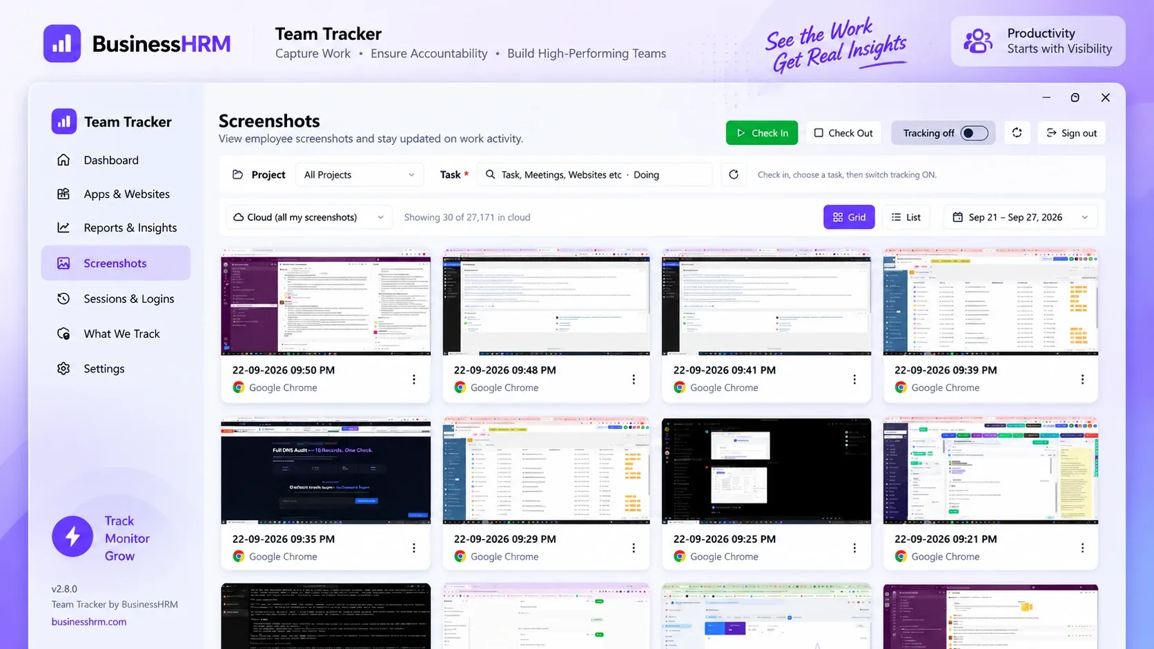 Team Tracker screenshots view with a grid of timestamped work screenshots filtered by date range
