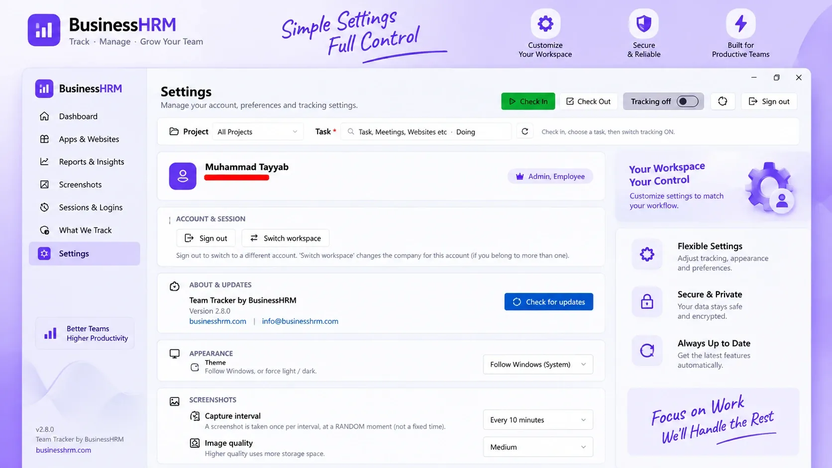 Team Tracker settings for account, workspace switching, updates, theme and screenshot capture interval