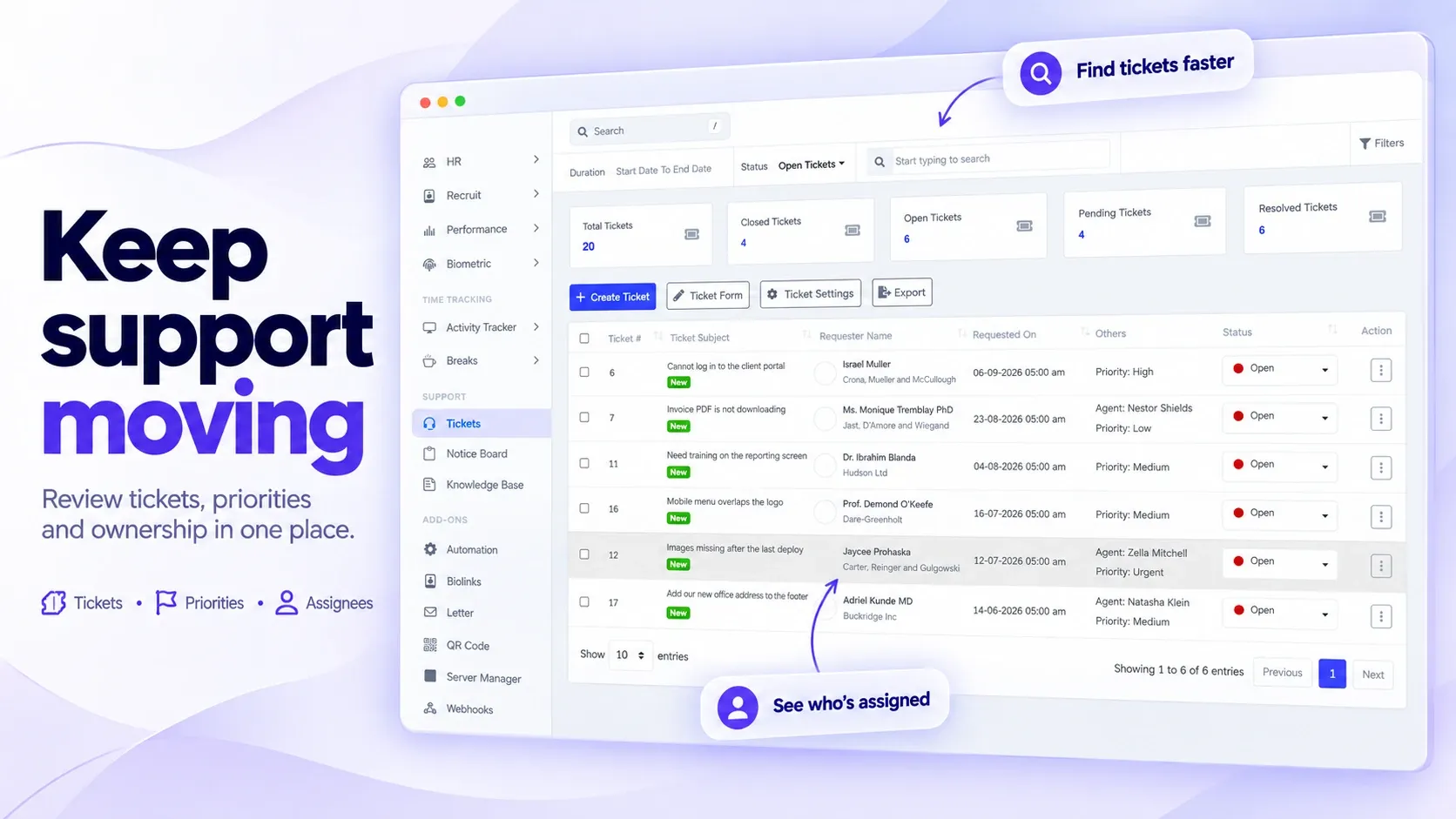 BusinessHRM support tickets with open, pending and resolved counts, priorities and assigned agents
