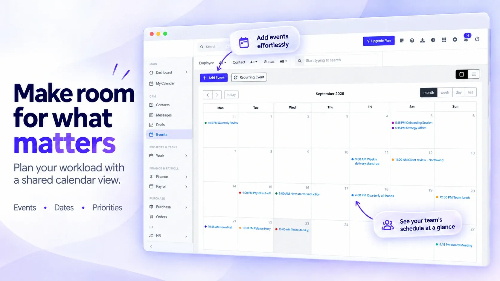 BusinessHRM events calendar for September with meetings and reviews on each day