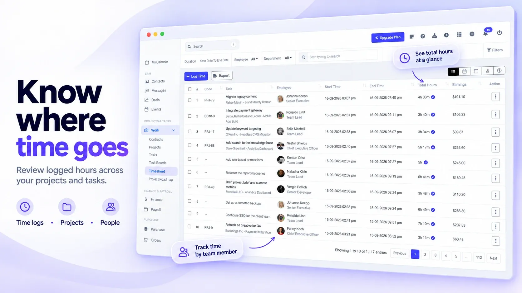 BusinessHRM time log table listing each task, employee, start and end time, total hours and earnings